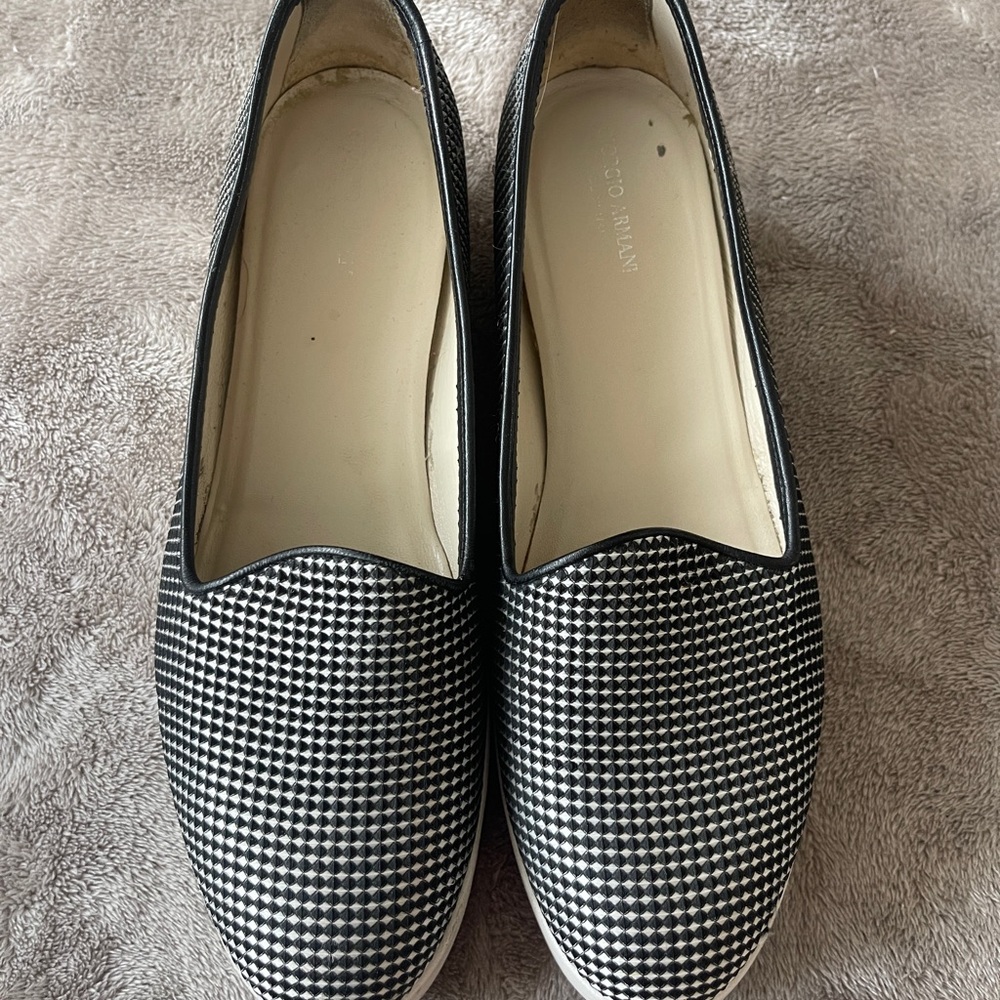 Giorgio Armani Black and White Flats Classic Slip-On Loafers